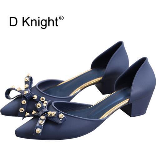 Sexy Rivets Bow Jelly Shoes Pointed Toe Thick Heels Women Sandals Plastic Shoes Casual Slip On PVC Beach Shoes Woman Black Army