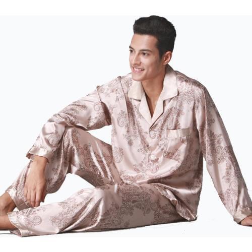 2018 Spring NEW 2PC Pajamas Sets Male Satin Silk Sleepwear Men Long-Sleeve Pyjama Pants Sets Softness Faux Silk Pijamas