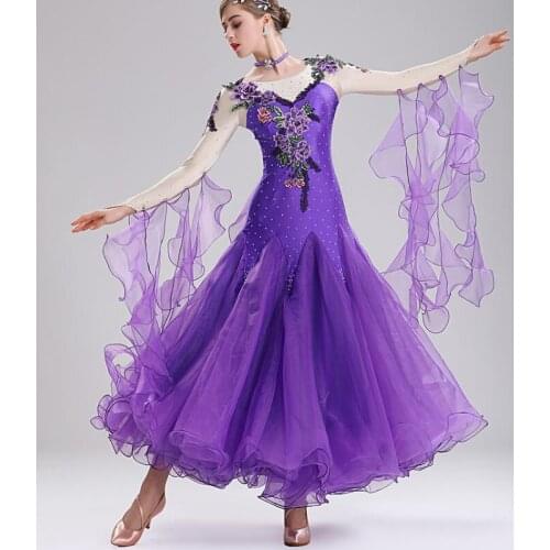 Modern Dance Dress Waltz Standard Competition Rhinestone Red Dress Standard Ballroom Dancing Clothes Competition purple mq289