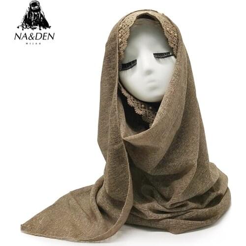 Plain Solid polyester scarf with lace pearl scarves muslim hijab lady patchwork striped islamic bandana shawl 10pcs/lot Hot Sale