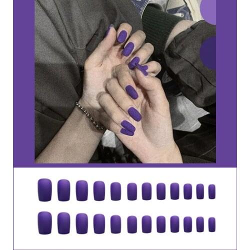 Purple Frosted Matte Coffin Fake Nails Reusable Ultrathin Fashion Solid Color Long Square Shape Finished False Nails with Glue