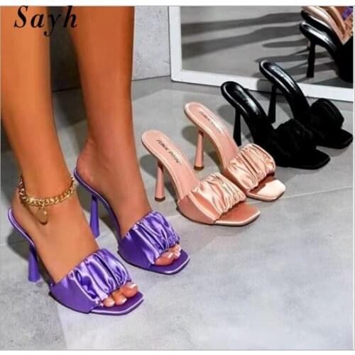 Womens Summer Sandals Shoes Casual Mules Open Toe Pumps Satin Silk Crystal Bridal Dress Shoes