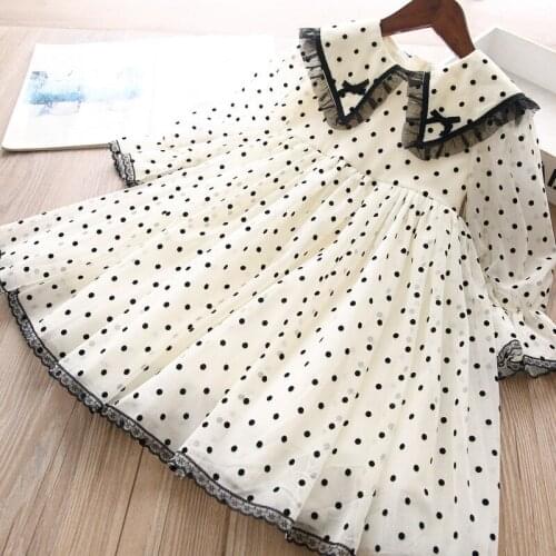 Girls bow dots mesh long sleeve princess dress kids clothing wholesale