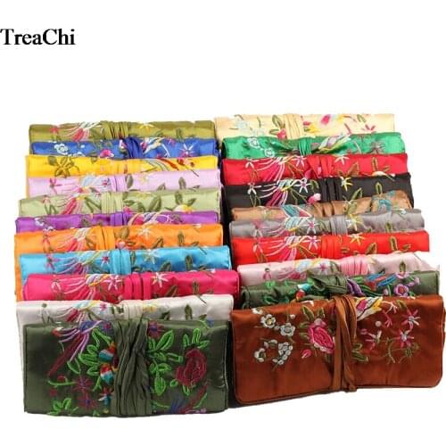 Retro Chinese Wind Embroidery Flower Bird Silk Zipper Jewelry Organizer Travel Pouches With Ring Bar Hand Roll Bag