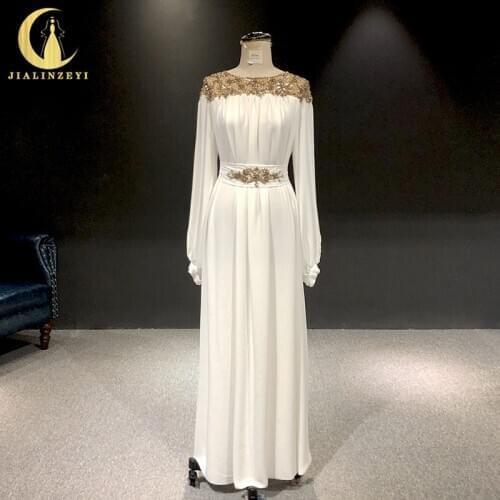 Rhine real Pictures Long Sleeves Chiffon with Gold beads floor length платья женские dress women evening dress long