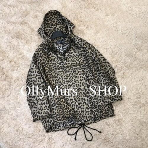 Leopard print jacquard hooded jacket fashion street casual long-sleeved jacket chest letter ribbon trench coat