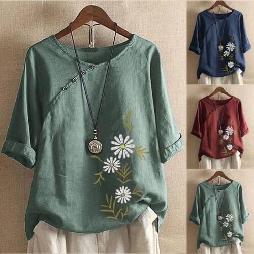 Women Casual Plus Size O-Neck Printed Loose Button Tunic Shirt Blouse Tound Neck shirt Ladies Casual Linen Shirts Plus Size Tops