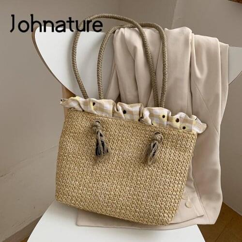Johnature Summer Straw Bag For Women 2021 New Large Capacity Casual Tote Versatile Solid Color Shoulder Bags Girl Handbag