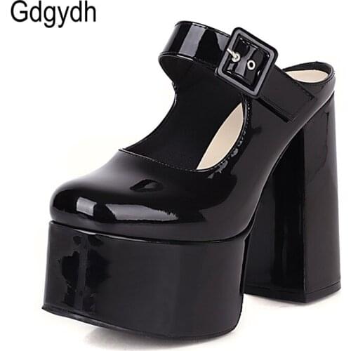 Gdgydh Bright Candy Color Yellow Green Party Fetish Shoes Ladies Block Heel Platform Slingbacks Buckle Patent Leather Plus Size