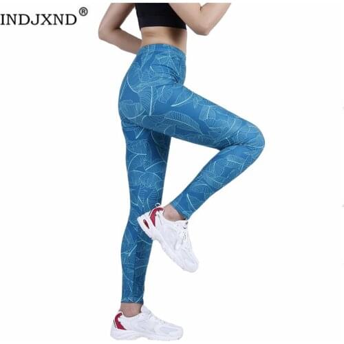 INDJXND High Waist Fitness Leggings Women Workout Pants Patchwork Push Up Blue Banana Leaf Sexy Gym Clothing Femme Drop Shipping