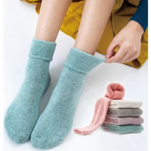 Womens socks autumn/winter towel socks plus velvet thick cotton socks warm tube socks solid color loose mouth thick terry socks