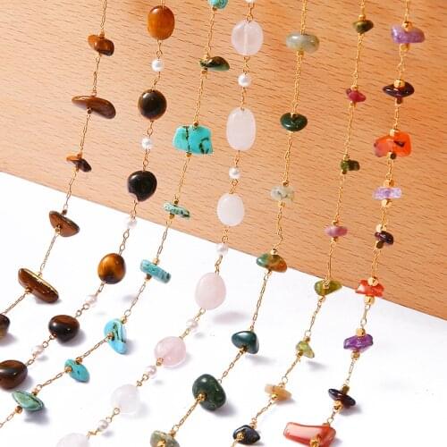 50CM 18k Gold Plated Natural Stone Chip Beads Mix Agate Tiger Eye Ball Bead Copper Chains For DIY Necklace Jewelry Making