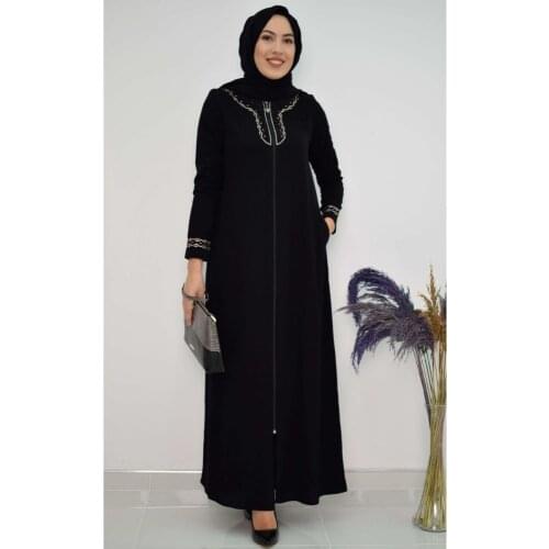 Ferace Black Color With Pocket Stone Detail Long Baggy Muslim Women 'S fashion Crepe Fabric
