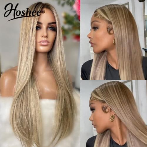 Highlight Human Hair Wigs Ash Blonde Wig Remy Straight Lace Front Wig 200% HD Lace Frontal Wig Colored Wigs For Women Human Hair