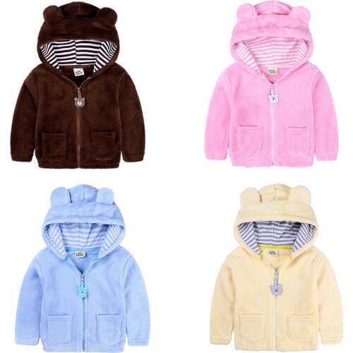 Hooyi Baby Fleece Winter Thick Coat Newborn Boys Girls Zipper Hooded Bear Ear Jacket Outwear Cartoon Cardigan Shirt Hoodies Top