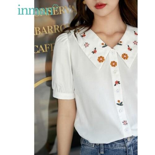 INMAN Summer Blouse Female Retro Literary White Red Sweet Lady Embroidered Lapel Puff Short Sleeves Cotton Buttons Cardigan Top