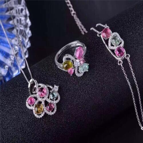 KJJEAXCMY boutique jewelry Natural 925 silver inlaid tourmaline Set Jewelry Ring + Pendant + Bracelet Set Natural Gemstone