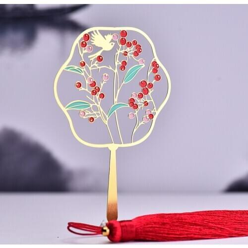 Metal Bookmark Exquisite Classical Chinese Style Acacia Red Bean Fan Bookmark Gift
