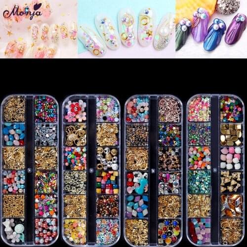 Monja 19 Styles Nail Art Decoration Mixed Shaped Metal Hollow Frame Rivets Shiny Colorful Sequin Rhinestone Manicure Accessories