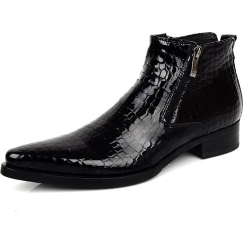 Plus Size 45 Dark Blue/Black Mens Ankle Boots Wedding Party High Top Shoes High Quality Leather Pointed Toe Zip Man Dress Shoes
