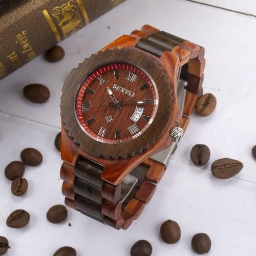 BEWELL Mens Big Promotion Wooden Watches Handmade Date Display Analog Quartz Vintage Round Wood Case