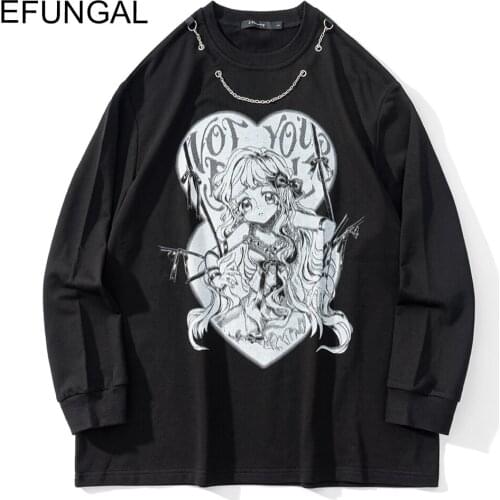 Anime Print Hip Hop Tshirts Men Chain Decoration Long Sleeve Streetwear Harajuku T-shirt Sweatshirts Cotton Casual Tops Tees