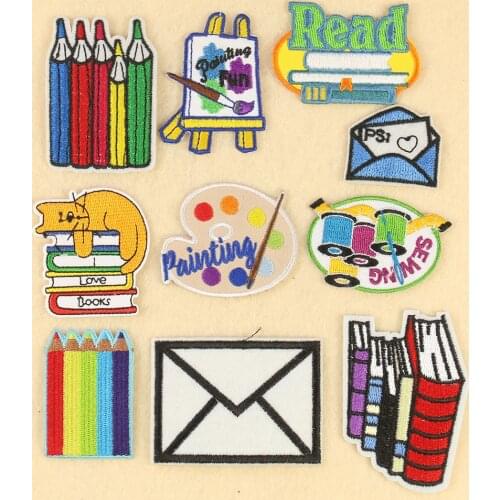 5PCS Study Supplies Patches Cartoon Pencil Book Drawing Board Badge Embroidery Applique Iron on Patches for Clothing Accessories