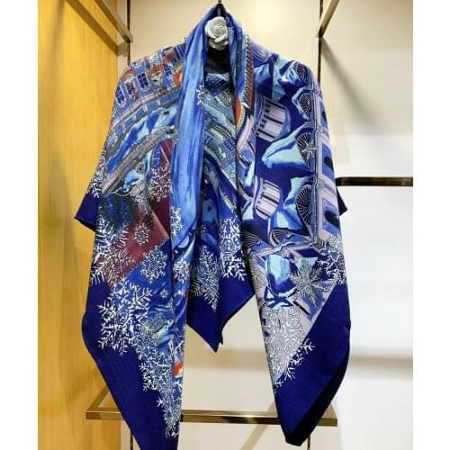 New Style Double sides Printed Cashmere Silk Square Scarf Wraps and Scarves Shawl Warm Use Blue