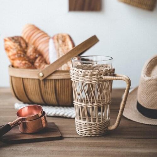 Handmade Rattan Weaving Cup Sleeve with Handle Parctical Durable Cup Cover Retro 37MF