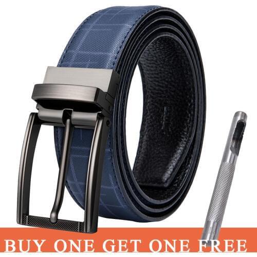 Hi-Tie Cow Genuine leather luxury strap male belts for men new fashion Plaid Blue Brown vintage pin buckle men belt High Quality