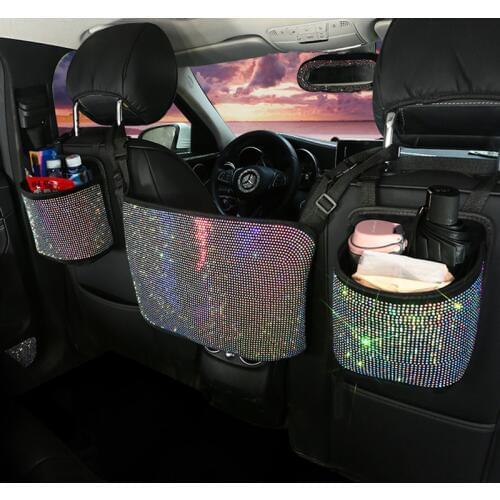 Luxury Rhinestone Car Storage Bag Organizer Backseat Holder Multi-Pockets Car Container Stowing Tidying Women