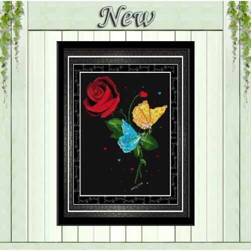 Rose butterfly flower black cloth painting counted on canvas DMC 14CT 11CT unprinted Cross Stitch Embroidery kits Needlework Set