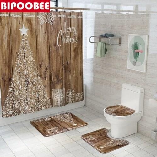 Merry Christmas Printed Shower Curtains Set Bath Mats Rugs Xmas Tree Board Pattern Bathroom Curtain with 12 Hooks Festival Decor