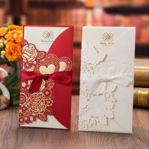 White Red Gold Laser Cut Wedding Invitations Card with Gold Foil Rose Love Heart Greeting Cards Wedding Party Favor Decoration