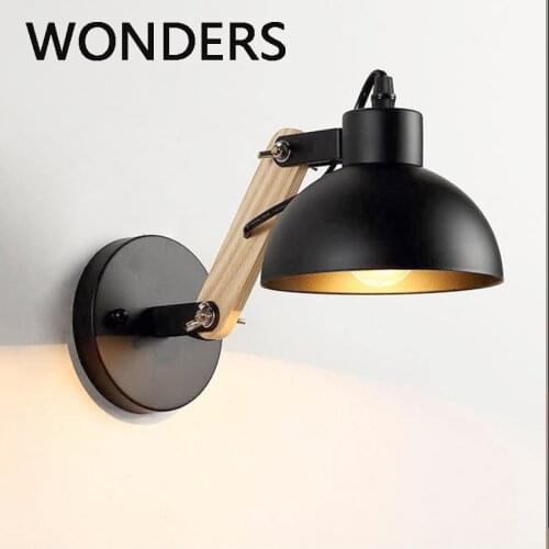 Nordic Creative bedroom wrought iron solid wood LED wall lamp Practical adjustable rotating бра study room decors wall light