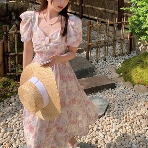 Luck A Chic Short Sleeve Elegant Midi Dresses Women Casual Floral Design Vintage Fairy Dress Females One Piece Dress 2021 Summer