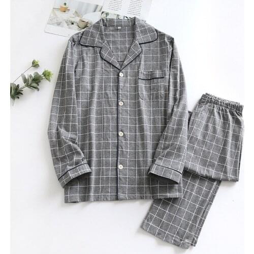 Japanese style mens spring and autumn pajamas long-sleeved trousers 100% cotton plus size autumn and winter knitted home wear