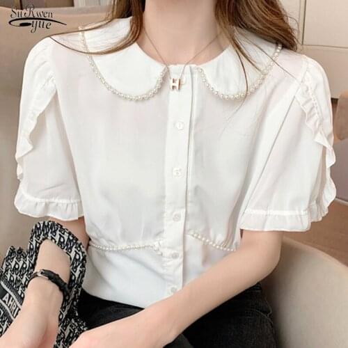 Summer 2021 New Ruffles Short Sleeve Shirt Top Beading Single-breasted White Womens Shirt Sweet Doll Collar Woman Blouses 15613