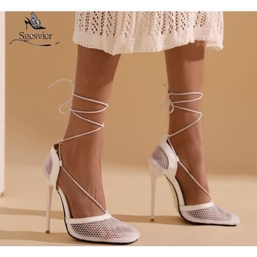 Sgesvier sexy pointed toe summer sandals fashion mesh ankle strap white black super high heel stiletto womens shoes big size
