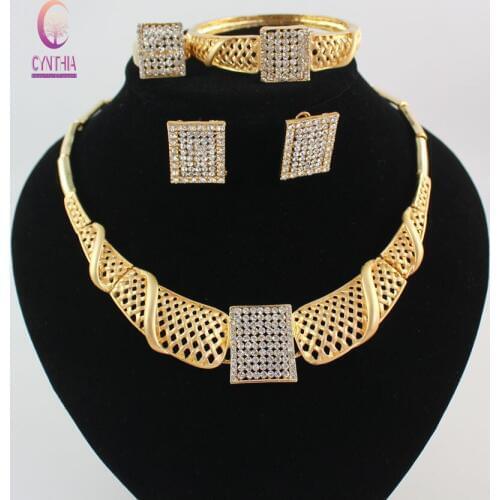 Women African Costume Jewelry Sets Gold/S Plated Crystal Rhinestone Wedding Bridal Necklace Bangle Earrings Ring Jewelry Set