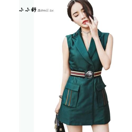 Small Su 2017 Summer Women Office Green Dresses Notched Sleeveless Pocket Sashes Mini Bandage Sundress Sexy Party Vestidos Mujer