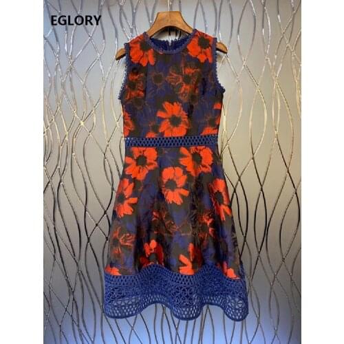 Latest Designer Dress 2021 Spring Summer Fashion Women O-Neck Runway Print Hollow Out Embroidery Sleeveless Casual Club Dress