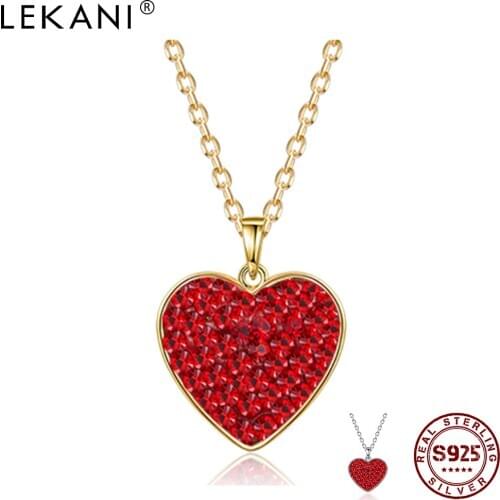 LEKANI 925 Sterling Silver Gold Necklace For Women Red Austria Crystal Heart Pendant Necklaces Female Engagement Fine Jewelry