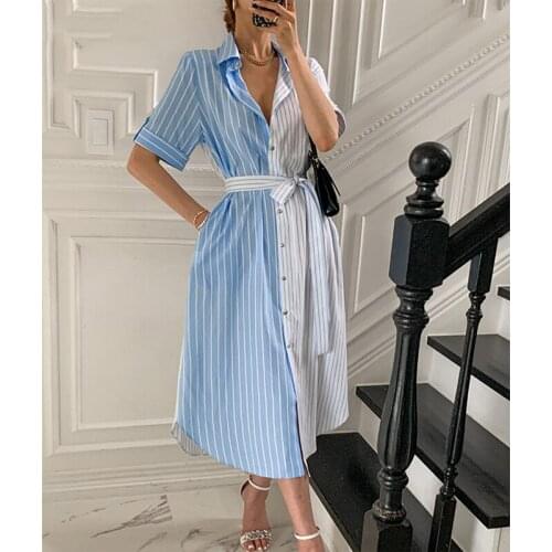 Wenfly Women Summer Casual Turn-down Collar Striped Dress Short Sleeve Lace-up Female Single-breasted A-line Long Dresses