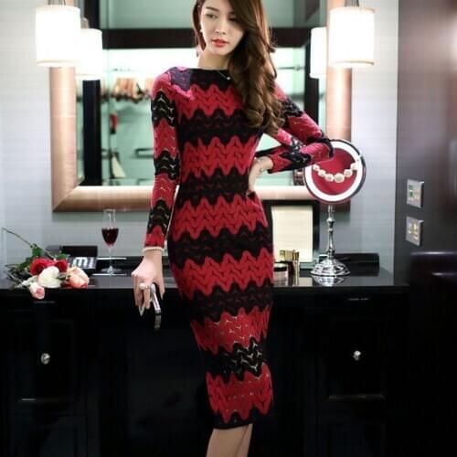 2020 Autumn Women O Neck Sexy Backless Party Vintage Elegant Long Sleeves Ladies High Quality Lace Sheath Midi DressesVestidos