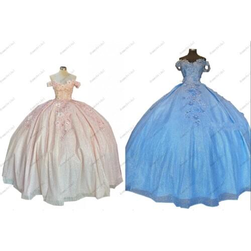 2021 Vestidos De 15 Anos 3D Floral Flowers Charro Mexican Ball Gown Quinceanera Dresses XV Sweet 16 Blush Baby Blue Bling Sequin
