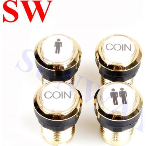6PCS 12V LED lighted Gilded coin Push Button gold Plated light 2P/2P Player push Button LED Illuminated Button with micro-switch