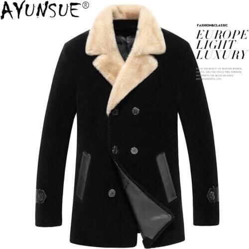 AYUNSUE Real Fur Coat Men Autumn Winter Male Jacket Mink Fur Collar 80% Wool Mens Jackets and Coats Plus Size 4xl Casual 2021