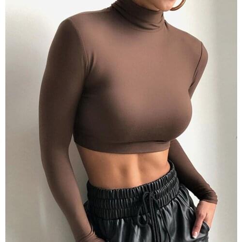 Angels Secret Stretchy Bodycon T-Shirts Women 2020 Autumn Turtleneck Casual Streetwear Crop Top Skinny Slim Female Tees AG30355