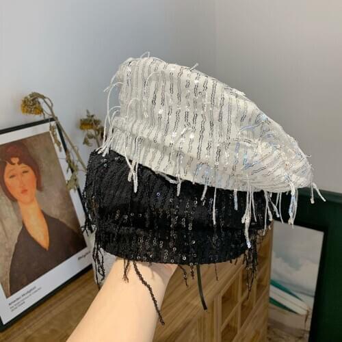 2020 Elegant Women Plaid Beret For Fashion Fringed Sequin beret Hats Cap Spring Autumn Brand New Womens Painter Hat Gorras
